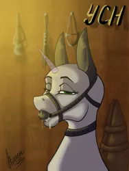 Size: 3000x4000 | Tagged: suggestive, artist:stirren, derpibooru import, oc, unofficial characters only, pony, ballgag, bondage, bridle, bust, collar, commission, drool, gag, horn, image, looking at you, pet, pet play, png, portrait, solo, tack, wing binder, wings, your character here