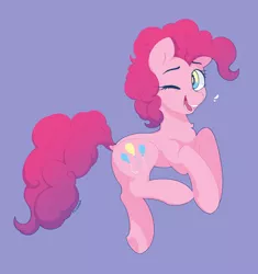 Size: 1164x1238 | Tagged: safe, artist:flixanoa, derpibooru import, pinkie pie, earth pony, pony, blue background, chest fluff, cute, diapinkes, dock, female, image, jpeg, mare, one eye closed, open mouth, open smile, simple background, smiling, solo, wink