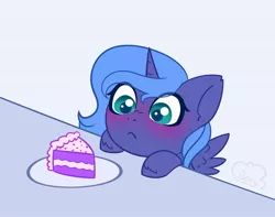 Size: 2244x1764 | Tagged: safe, alternate version, artist:cloudberry_mess, derpibooru import, princess luna, pony, blushing, cake, cute, female, filly, food, image, jpeg, lunabetes, table, woona, younger