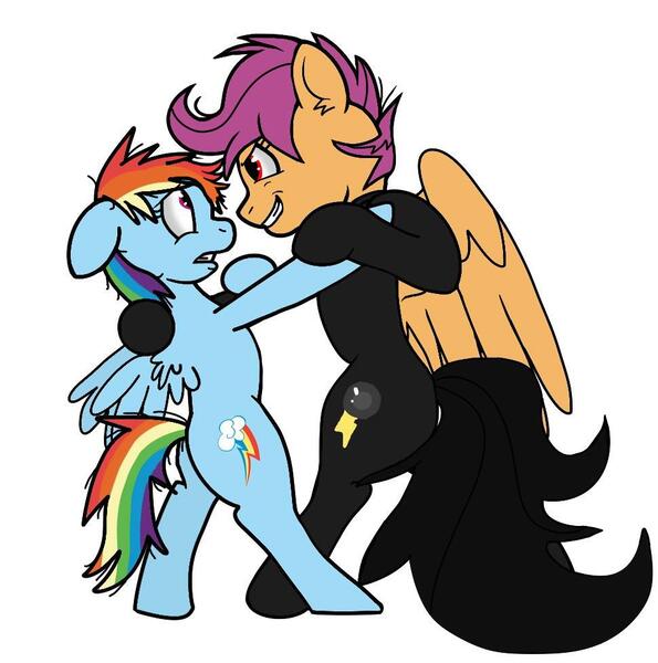 Size: 969x977 | Tagged: artist needed, source needed, useless source url, semi-grimdark, alternate version, artist:taeko, derpibooru import, rainbow dash, scootaloo, pegasus, pony, semi-anthro, fanfic:rainbow factory, absentia, age swap, alternate cutie mark, alternate hairstyle, alternate timeline, bad quality, black outlines, black suit, blue coat, clothes, cutie mark, duo, duo female, dyed tail, evil, evil grin, evil scootaloo, fanfic art, female, females only, filly, filly rainbow dash, folded wings, grin, hoof hold, image, imminent death, imminent murder, insanity, jpeg, large wings, long tail, mare, multicolored hair, my little pony, no shading, oh no, older, older scootaloo, orange coat, pegasus device, purple mane, rainbow factory scootaloo, rainbow hair, rainbow tail, red eyes, role reversal, scared, scootaloo can fly, simple background, slasher smile, smiling, spikey mane, standing on two hooves, teeth, this will end in death, this will end in tears, this will end in tears and/or death, thunderbolt, trace, traced art, what if, white background, wings, wrong eye color, younger