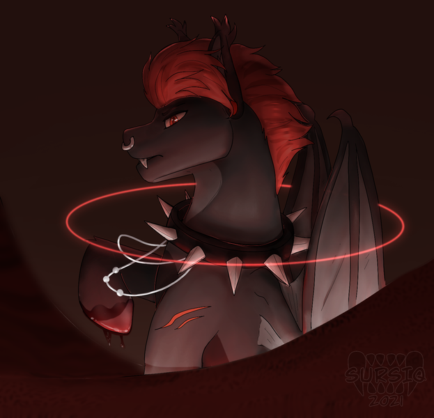 Size: 1500x1444 | Tagged: safe, artist:sursiq, derpibooru import, oc, oc:shadow storm, bat pony, bat pony oc, bat wings, blood, collar, ear piercing, edgy, fangs, gauges, hooves, image, jewelry, looking at you, looking down, looking down at you, necklace, nose piercing, nose ring, piercing, png, raised hoof, red eyes, scar, shading, spiked collar, wings