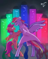 Size: 3433x4256 | Tagged: semi-grimdark, artist:dailyagony, derpibooru import, rainbow dash, scootaloo, pegasus, pony, semi-anthro, fanfic:rainbow factory, absentia, abuse, bipedal, clothes, crying, duo, duo female, evil, evil grin, evil rainbow dash, fanfic art, female, grin, hoof hands, image, imminent death, incorrect outfit, incorrect spectra colours, insanity, lab coat, large wings, lighting, liquid rainbow, long legs, mare, multicolored hair, my little pony, oh no, pegasus device, png, purple eyes, purple mane, purple tail, rainbow factory dash, rainbow hair, rainbow tail, red eyes, scared, scootabuse, scootaloo can't fly, scootaloo's cutie mark, shading, size difference, slasher smile, small wings, smiling, spectra, standing on two hooves, tears of pain, this will end in death, this will end in tears, this will end in tears and/or death, white clothes, wings, wrong eye color