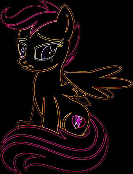 Size: 680x890 | Tagged: safe, artist:taeko, derpibooru import, scootaloo, pegasus, pony, fanfic:rainbow factory, :c, absentia, black, black background, crying, eyelashes, fanfic art, female, female focus, folded wings, food, frown, glowing body, glowing outlines, image, implied scootabuse, light, looking at wings, mare, my little pony, neon, neon artstyle, neon outlines, no shading, older, older scootaloo, orange, pegasus device, pink, png, purple, purple eyes, sad, scootaloo can't fly, scootaloo's cutie mark, simple background, sitting, solo, solo focus, white, wings