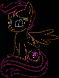 Size: 680x890 | Tagged: safe, artist:taeko, derpibooru import, scootaloo, pegasus, pony, fanfic:rainbow factory, :c, absentia, black, black background, crying, eyelashes, fanfic art, female, female focus, folded wings, food, frown, glowing body, glowing outlines, image, implied scootabuse, light, looking at wings, mare, my little pony, neon, neon artstyle, neon outlines, no shading, older, older scootaloo, orange, pegasus device, pink, png, purple, purple eyes, sad, scootaloo can't fly, scootaloo's cutie mark, simple background, sitting, solo, solo focus, white, wings
