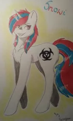 Size: 308x514 | Tagged: safe, artist:vincentpl, derpibooru import, oc, oc:snowi, pony, unicorn, fallout equestria, fallout equestria: project horizons, biohazard, biohazard sign, blue, blue hair, fallout, fanfic art, female, full body, horn, image, jpeg, mare, red, red and blue, red eyes, red hair, smiley face, white pony