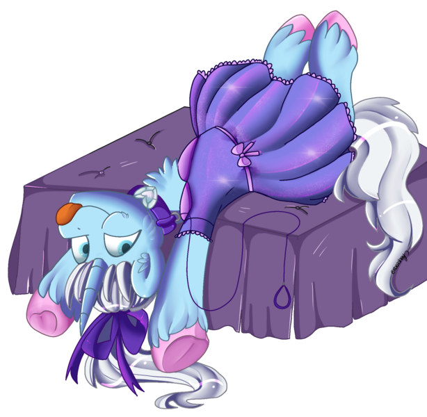 Size: 1824x1783 | Tagged: safe, artist:beashay, derpibooru import, oc, oc:crystal tundra, pony, unicorn, :p, clothes, collar, colored hooves, crossdressing, dress, femboy, fluffy, image, leash, lying down, male, on back, png, ribbon, solo, tongue out