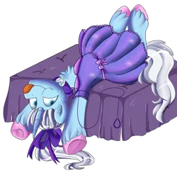 Size: 1824x1783 | Tagged: safe, artist:beashay, derpibooru import, oc, oc:crystal tundra, pony, unicorn, :p, clothes, collar, colored hooves, crossdressing, dress, femboy, fluffy, image, leash, lying down, male, on back, png, ribbon, solo, tongue out