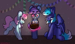 Size: 2000x1188 | Tagged: safe, artist:spoopygander, derpibooru import, oc, oc:noxy, oc:scoops, oc:windy dripper, pegasus, pony, unicorn, birthday, cake, cute, female, food, image, jpeg, magic, male