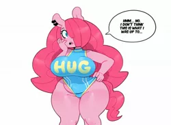 Size: 1800x1316 | Tagged: suggestive, artist:somescrub, derpibooru import, pinkie pie, anthro, earth pony, hugtastic pinkie pie, breasts, busty pinkie pie, clothes, dialogue, ear piercing, earring, female, hair over one eye, image, jewelry, jpeg, looking at you, one-piece swimsuit, piercing, simple background, solo, solo female, speech bubble, swimsuit, white background, wide hips