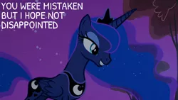 Size: 1280x720 | Tagged: safe, derpibooru import, edit, edited screencap, editor:quoterific, screencap, princess luna, alicorn, pony, season 3, sleepless in ponyville, crown, female, image, jewelry, jpeg, mare, night, regalia, smiling, solo