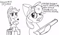 Size: 640x384 | Tagged: safe, artist:ewoudcponies, derpibooru import, apple bloom, applejack, earth pony, pony, female, filly, gun, image, injured, inktober, jpeg, mare, shotgun, text, weapon