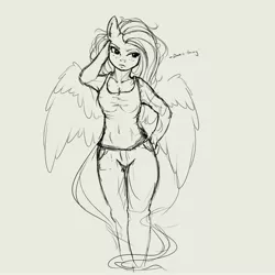 Size: 4000x4000 | Tagged: safe, artist:miokomata, derpibooru import, fluttershy, anthro, pegasus, pony, breasts, cleavage, female, freckles, freckleshy, gray background, grayscale, hand on hip, image, jpeg, mare, monochrome, simple background, sketch, solo
