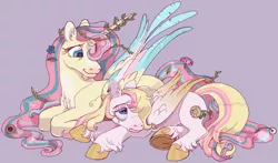 Size: 1280x753 | Tagged: safe, artist:universal-heart, derpibooru import, fluttershy, oc, oc:angel, alicorn, pegasus, pony, alicornified, chest fluff, colored hooves, colored wings, colt, female, flower, flower in hair, fluttercorn, gradient wings, image, jpeg, lying down, male, mare, mother and child, mother and son, multicolored wings, parent:fluttershy, prone, purple background, race swap, simple background, unshorn fetlocks, wings