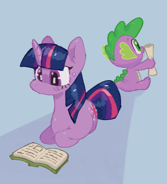 Size: 914x1008 | Tagged: safe, artist:dreamland7777, derpibooru import, spike, twilight sparkle, dragon, pony, unicorn, book, duo, image, lying down, png, ponyloaf, prone, reading, scroll, unicorn twilight