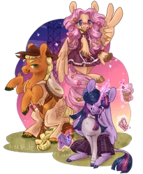 Size: 1676x2048 | Tagged: safe, artist:alabasterpeony, derpibooru import, applejack, fluttershy, twilight sparkle, twilight sparkle (alicorn), alicorn, classical unicorn, earth pony, pegasus, pony, unicorn, banjo, clothes, cloven hooves, coffee, coffee cup, cup, dress, female, flower, flower in hair, glasses, image, leonine tail, mare, musical instrument, peace sign, png, rearing, simple background, skirt, straw in mouth, sweater, ticket, transparent background, trio, unshorn fetlocks, vest, wing hands, wings