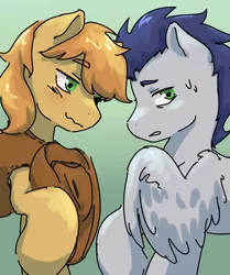 Size: 2831x3390 | Tagged: safe, artist:aquoquoo, derpibooru import, braeburn, soarin', earth pony, pegasus, pony, blushing, cowboy hat, gay, green eyes, hat, hat off, image, male, nervous, png, shipping, soarburn, sweat, sweatdrops, wavy mouth