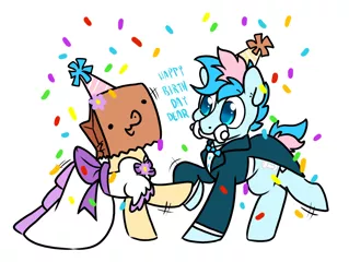 Size: 1230x926 | Tagged: safe, artist:paperbagpony, derpibooru import, oc, oc:blue chewings, oc:paper bag, unofficial characters only, chew toy, clothes, confetti, dancing, dress, happy birthday, hat, image, party hat, png, simple background, suit, white background