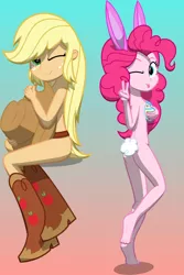 Size: 1920x2880 | Tagged: suggestive, artist:zacatron94, derpibooru import, edit, editor:itsmgh1203, applejack, pinkie pie, equestria girls, ;p, applejack's hat, applepie, ass, balloonbutt, barefoot, boots, breast grab, breasts, bunny ears, bunny suit, busty pinkie pie, butt, clothes, covering, cowboy hat, cute, diapinkes, duo, duo female, feet, female, grope, hat, hat censor, image, jackabetes, jpeg, lesbian, looking at you, looking back, looking back at you, nudity, one eye closed, partial nudity, peace sign, playboy bunny, self grope, shipping, shoes, shoes only, sideboob, smiling, smiling at you, stupid sexy applejack, stupid sexy pinkie, tongue out, topless, wink, winking at you