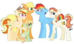 Size: 2500x1500 | Tagged: safe, artist:gallantserver, derpibooru import, applejack, rainbow dash, oc, oc:caramel crisp, oc:cerulean, oc:smithy gold, earth pony, pegasus, pony, appledash, female, filly, image, lesbian, magical lesbian spawn, offspring, parent:applejack, parent:rainbow dash, parents:appledash, png, shipping, simple background, transparent background