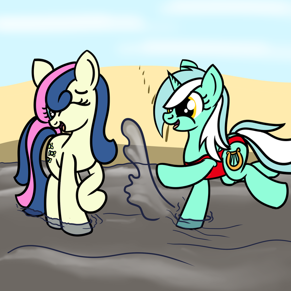 Size: 2000x2000 | Tagged: safe, artist:dafiltafish, derpibooru import, bon bon, lyra heartstrings, sweetie drops, earth pony, pony, unicorn, comic:day by day, beach, clothes, female, image, lesbian, lyrabon, png, shipping, splash, splashing, swimsuit