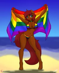 Size: 960x1200 | Tagged: suggestive, artist:miniferu, derpibooru import, oc, unofficial characters only, anthro, earth pony, unguligrade anthro, armpits, beach, bikini, breasts, clothes, female, flag, image, jpeg, looking at you, open mouth, open smile, pride flag, rainbow, rainbow bikini, rainbow swimsuit, smiling, solo, solo female, swimsuit, underass
