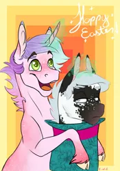 Size: 841x1200 | Tagged: safe, artist:eperyton, derpibooru import, oc, unofficial characters only, earth pony, pony, unicorn, abstract background, bunny out of the hat, bust, cloven hooves, duo, earth pony oc, glowing horn, happy easter, horn, image, jpeg, magic, magic trick, male, smiling, stallion, telekinesis, unamused, unicorn oc, unshorn fetlocks