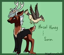 Size: 1750x1500 | Tagged: safe, artist:misskanabelle, derpibooru import, oc, oc:hazey honey, unofficial characters only, bird, deer, falcon, abstract background, antlers, cloven hooves, deer oc, duo, image, pet oc, png, signature