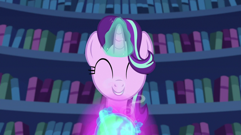 Size: 1280x720 | Tagged: safe, derpibooru import, screencap, starlight glimmer, pony, unicorn, every little thing she does, season 6, ^^, book, cute, eyes closed, glimmerbetes, image, magic, magic aura, png, smiling, solo, telekinesis, twilight's castle