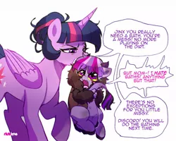 Size: 1077x862 | Tagged: safe, artist:riukime, derpibooru import, twilight sparkle, oc, oc:jinx, alicorn, draconequus, hybrid, alternate hairstyle, dialogue, duo, hair bun, image, interspecies offspring, jpeg, mouth hold, offspring, open mouth, parent:discord, parents:discolight, parent:twilight sparkle, scruff, simple background, speech bubble, white background