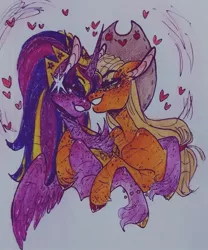 Size: 934x1123 | Tagged: safe, artist:rare-apples, derpibooru import, applejack, twilight sparkle, alicorn, earth pony, pony, applejack's hat, cowboy hat, female, hat, heart, hug, image, jpeg, lesbian, mare, shipping, traditional art, twijack