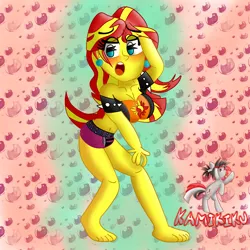 Size: 3000x3000 | Tagged: source needed, safe, artist:kamikiku, derpibooru import, sunset shimmer, equestria girls, barefoot, breasts, busty sunset shimmer, feet, image, jpeg, open mouth