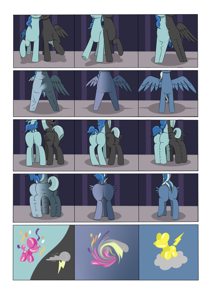 Size: 2904x4000 | Tagged: safe, artist:palibrik, derpibooru import, party favor, thunderlane, oc, oc:shocker streak, pegasus, pony, unicorn, comic:securing a sentinel, broken, carousel boutique, comic, commissioner:bigonionbean, cutie mark, drunk, forced, fused legs, fusion, fusion:shocker streak, high res, horn, image, magic, male, merge, merging, offscreen character, png, ponyville, potion, sequence, shattered, shocked, shocked expression, stallion, surprised, wings