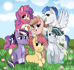 Size: 2196x2069 | Tagged: safe, artist:moccabliss, derpibooru import, li'l cheese, oc, oc:amber glow, oc:crystal medallion, oc:pixy dust, oc:starbright shine, oc:steel storm, alicorn, earth pony, pegasus, pony, unicorn, the last problem, colt, female, filly, high res, image, lying down, male, offspring, parent:apple bloom, parent:king sombra, parent:night light, parent:princess celestia, parent:rainbow dash, parent:soarin', parent:tender taps, parent:twilight velvet, parents:celestibra, parents:nightvelvet, parents:quibblesky, parents:soarindash, parents:tenderbloom, png, prone