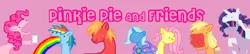 Size: 700x150 | Tagged: safe, artist:askpinkiepieandfriends, derpibooru import, applejack, big macintosh, fluttershy, pinkie pie, rainbow dash, rarity, trixie, twilight sparkle, earth pony, pegasus, pony, unicorn, apple, banner, food, gentlemen, image, mane six, pink background, png, puking rainbows, simple background, unicorn twilight, vomit, vomiting