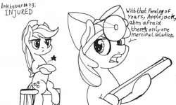 Size: 1280x769 | Tagged: safe, artist:ewoudcponies, derpibooru import, apple bloom, applejack, earth pony, pony, female, filly, gun, image, injured, inktober, jpeg, mare, monochrome, shotgun, text, weapon