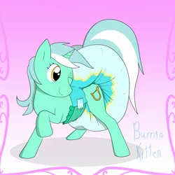 Size: 1280x1280 | Tagged: suggestive, artist:burritokitten, derpibooru import, lyra heartstrings, pony, unicorn, diaper, diaper fetish, female, fetish, gradient background, image, jpeg, looking back, mare, one eye closed, pink background, poofy diaper, raised hoof, simple background, smiling, solo, solo female, wink