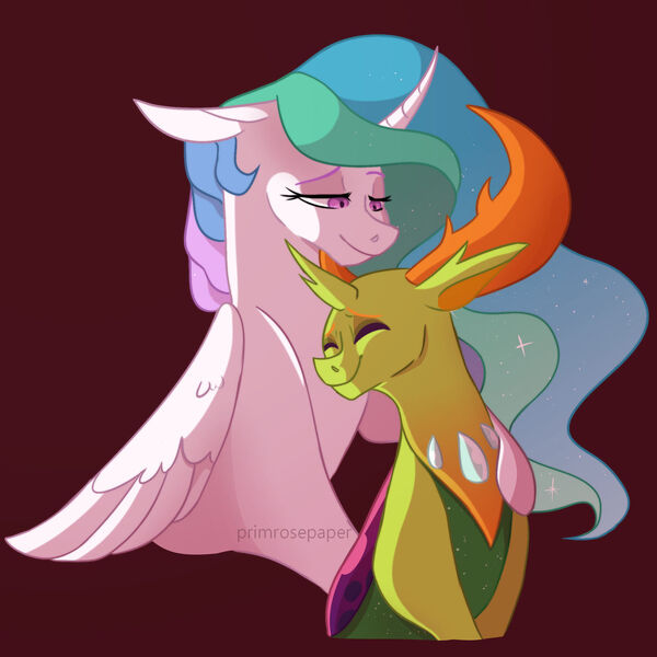 Size: 1280x1280 | Tagged: safe, artist:primrosepaper, derpibooru import, princess celestia, thorax, alicorn, changedling, changeling, changeling king, eyes closed, female, image, jpeg, male, missing accessory, nuzzling, shipping, straight, thoralestia