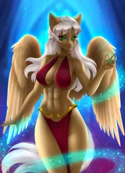 Size: 3104x4291 | Tagged: suggestive, artist:koricat, derpibooru import, oc, oc:rosalie, anthro, pegasus, abs, beautiful, breasts, clothes, goddess, green eyes, image, jpeg, large wings, loincloth, looking at you, magic, majestic, sexy, solo, wings