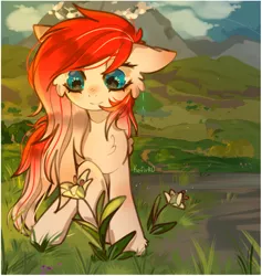 Size: 944x997 | Tagged: safe, artist:kefirro7, derpibooru import, oc, oc:making amends, earth pony, commission, cute, flower, image, mountain, mountain range, png, ych result