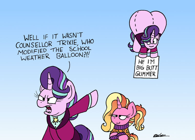 Size: 2812x2025 | Tagged: safe, artist:bobthedalek, derpibooru import, luster dawn, starlight glimmer, pony, unicorn, angry, balloon, butt, clothes, female, glimmer glutes, headmare starlight, image, implied trixie, mare, mother and child, mother and daughter, older, older starlight glimmer, png, prank, sign, simpsons did it, smug, starlight is not amused, sweater, the simpsons, unamused, weather balloon