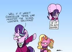 Size: 2812x2025 | Tagged: safe, artist:bobthedalek, derpibooru import, luster dawn, starlight glimmer, pony, unicorn, angry, balloon, butt, clothes, female, glimmer glutes, headmare starlight, image, implied trixie, mare, mother and child, mother and daughter, older, older starlight glimmer, png, prank, sign, simpsons did it, smug, starlight is not amused, sweater, the simpsons, unamused, weather balloon