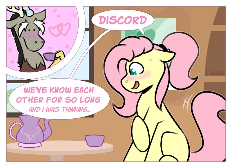 Size: 4096x2963 | Tagged: safe, artist:jellysiek, derpibooru import, discord, fluttershy, draconequus, pegasus, pony, blushing, comic, cup, dialogue, discoshy, female, high res, image, jpeg, male, misspelling, shipping, shy, straight, teacup