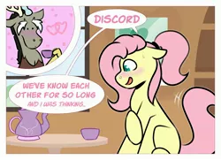 Size: 4096x2963 | Tagged: safe, artist:jellysiek, derpibooru import, discord, fluttershy, draconequus, pegasus, pony, blushing, comic, cup, dialogue, discoshy, female, high res, image, jpeg, male, misspelling, shipping, shy, straight, teacup