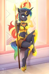 Size: 2730x4096 | Tagged: suggestive, artist:buvanybu, derpibooru import, sunset shimmer, oc, anthro, unguligrade anthro, unicorn, armor, breasts, clothes, female, horn, image, jpeg, panties, royal guard armor, solo, solo female, spear, stained glass, underwear, unicorn oc, weapon