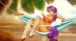 Size: 1600x874 | Tagged: suggestive, artist:jerraldina, derpibooru import, oc, unofficial characters only, anthro, unguligrade anthro, big breasts, breasts, female, hammock, image, jpeg, palm tree, solo, solo female, tree, watermark