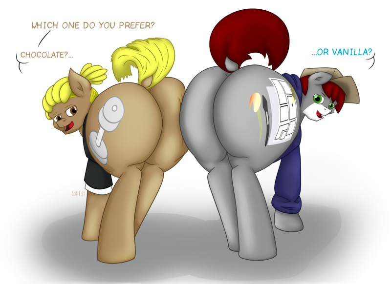 Size: 7015x5100 | Tagged: suggestive, artist:khaki-cap, derpibooru import, oc, oc:heavy jack, oc:khaki-cap, unofficial characters only, earth pony, butt, butt bump, butt crack, butts, cheeks, clip studio paint, commission, commissioner:buffaloman20, cutie mark, decision, digital art, dock, earth pony oc, heart eyes, image, jean thicc, large butt, looking at you, looking back, looking back at you, options, png, presenting, question, raised tail, rear view, signature, simple background, tail, text, thicc ass, transparent background, wingding eyes