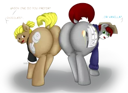 Size: 7015x5100 | Tagged: suggestive, artist:khaki-cap, derpibooru import, oc, oc:heavy jack, oc:khaki-cap, unofficial characters only, earth pony, butt, butt bump, butt crack, butts, cheeks, clip studio paint, commission, commissioner:buffaloman20, cutie mark, decision, digital art, dock, earth pony oc, heart eyes, image, jean thicc, large butt, looking at you, looking back, looking back at you, options, png, presenting, question, raised tail, rear view, signature, simple background, tail, text, thicc ass, transparent background, wingding eyes