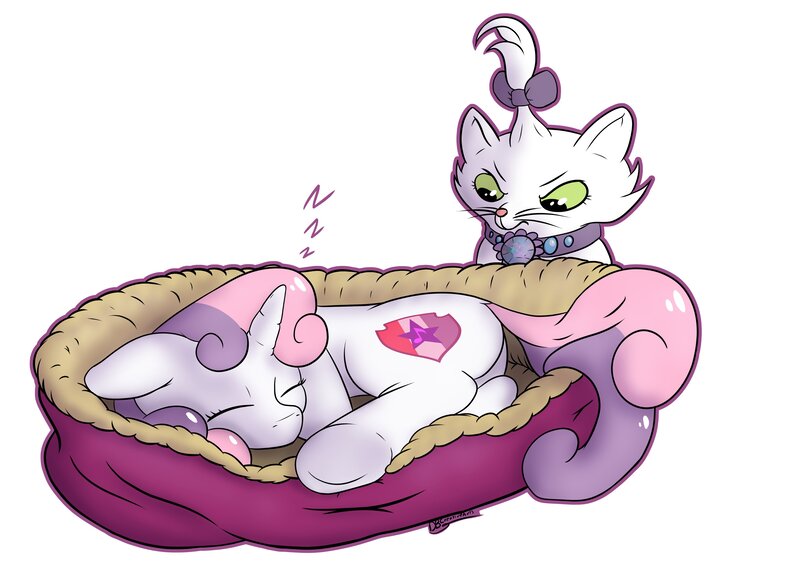 Size: 4096x2892 | Tagged: safe, artist:db, artist:dbcreativearts, derpibooru import, opalescence, sweetie belle, cat, unicorn, annoyed, image, jpeg, sleeping, this will end in pain