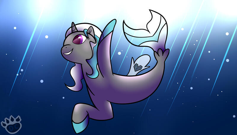 Size: 3248x1846 | Tagged: safe, artist:tigerdc, derpibooru import, oc, unofficial characters only, pony, seapony (g4), unicorn, bubble, crepuscular rays, dorsal fin, fins, fish tail, flowing tail, horn, image, jpeg, logo, ocean, purple eyes, seaponified, smiling, solo, species swap, sunlight, swimming, tail, underwater, water