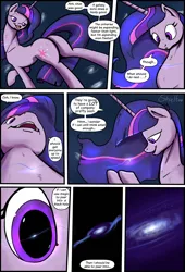 Size: 1772x2599 | Tagged: safe, artist:shieltar, derpibooru import, part of a set, twilight sparkle, pony, unicorn, comic:giant twilight, butt, comic, cute, dialogue, ethereal mane, ethereal tail, female, galaxy, giant pony, giant twilight sparkle, giantess, growth, high res, image, jewelry, jpeg, large butt, macro, mare, necklace, part of a series, pony bigger than a galaxy, pony bigger than a planet, pony bigger than a solar system, pony bigger than a star, pony heavier than a black hole, pony heavier than a galaxy, signature, size difference, solo, space, spankable plot, starry mane, starry tail, stars, tangible heavenly object, the ass was fat, thicc ass, twiabetes, twibutt, twilight has a big ass, unicorn twilight